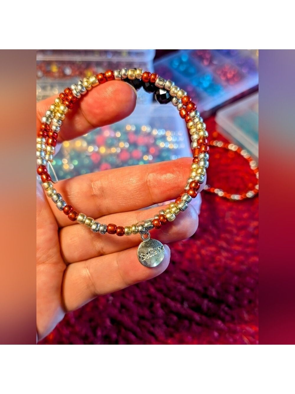 Handmade gold, red and silver BELIEVE charm bracelet